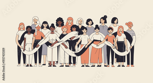 A diverse group of women from different backgrounds standing together, holding a flowing ribbon, symbolizing unity and female empowerment.
