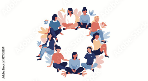 A group of diverse women sitting in a circle, engaged in a community or support gathering, surrounded by decorative floral elements.