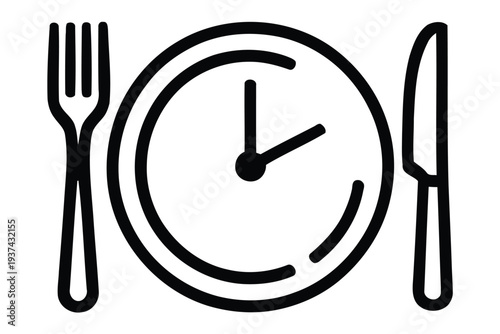 A clock face superimposed on a dinner plate with a fork and knife, symbolizing mealtime or the concept of eating on a schedule.