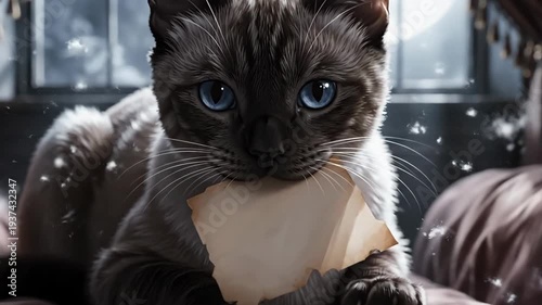 Adorable Siamese cat with striking blue eyes holds a crumpled paper in its mouth, lounging on a plush pillow