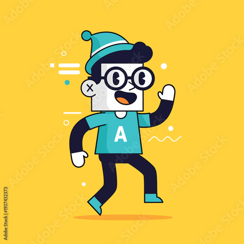 Cartoon Character Running with Joyful Expression.