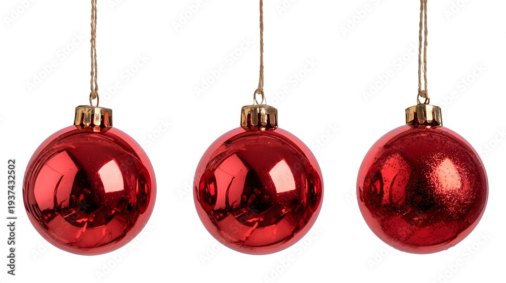 Obraz premium Three Shiny Red Christmas Ornaments Hanging Isolated on White Background.