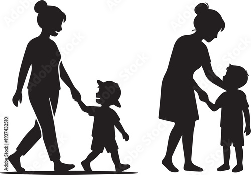 Mother and child silhouettes holding hands vector illustration showing caring family moments in a simple black silhouette style.