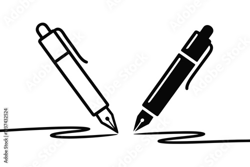 Two pens drawing together, creative collaboration, artistic expression, black and white illustration