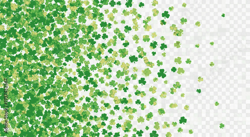 Green shamrock confetti scattered on transparent background with varying shades and sizes creating festive atmosphere