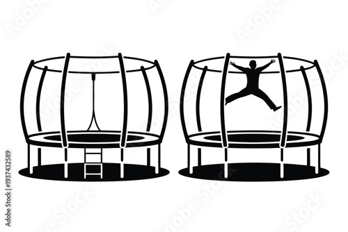A person is depicted jumping on a trampoline in a silhouette illustration, showcasing a fun recreational activity and exercise.