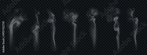 Steam rising from hot coffee, tea, food. Realistic vertical smoke isolated on transparent background