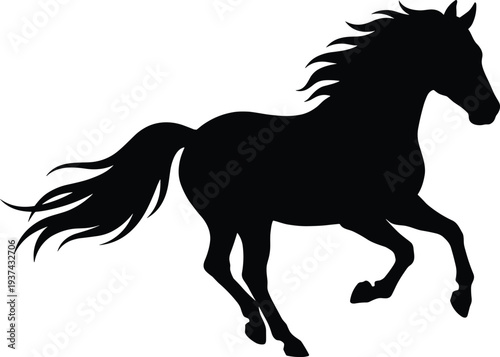 Running horse silhouette with flowing mane and tail, wild stallion galloping power and freedom animal illustration concept design
