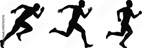 Running man silhouette set, athletic sprint action poses, sport fitness training concept, male runner speed movement isolated illustration