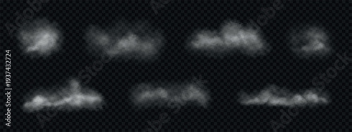 Vector smoke clouds on floor. Realistic fog elements for spooky and mysterious design, isolated on dark background