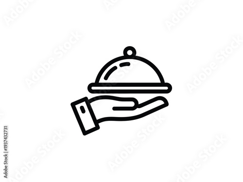 Hand Holding Covered Serving Dish Icon in Black Line Art Style on White Background