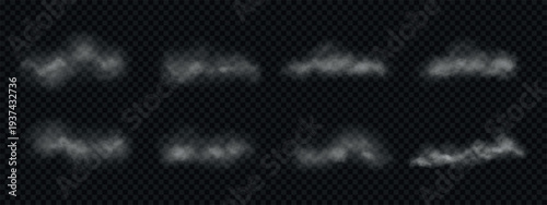 Smoke and fog clouds. Set of vector elements. Realistic misty and drifting haze isolated on dark background