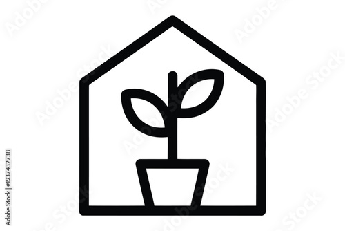 A simple line art illustration depicts a potted plant growing inside a stylized greenhouse structure.