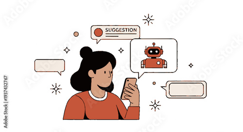 Woman in orange shirt using smartphone with ai robot chatbot communication digital suggestion concept illustrated style