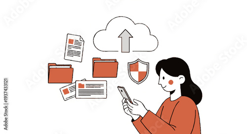 Woman using smartphone to securely upload documents to cloud storage with orange folders and shield icon