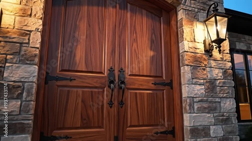 Arched wood double door with black hardware flanked by stone walls and sconces with glowing lights