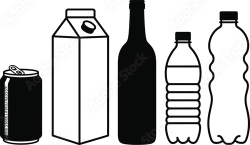 Beverage packaging collection with aluminum can milk carton glass wine bottle and plastic containers