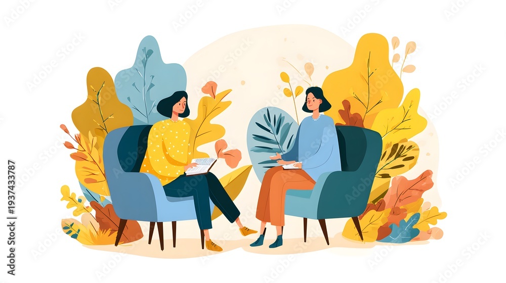 Fototapeta premium Two women having a therapy session in a cozy, plant-filled room, discussing mental health and well-being.