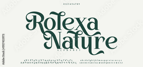 Rolexa Nature elegant font alphabet uppercase lowercase and number. Classic lettering minimal fashion designs. Typography modern serif fonts regular decorative vintage concept. Vector illustration