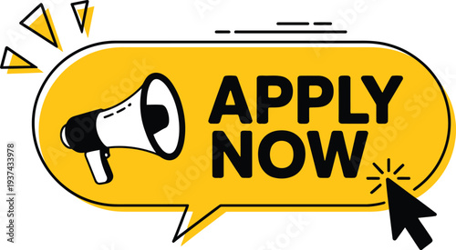 Apply now concept vector speech bubble with megaphone and cursor for online job application
