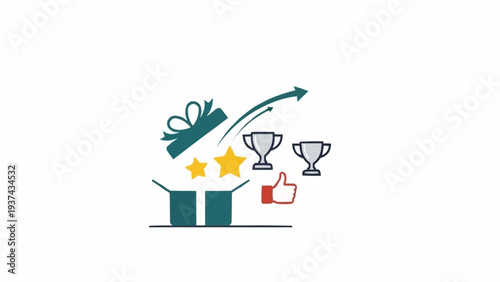Gift Box Opening with Stars and Trophies.