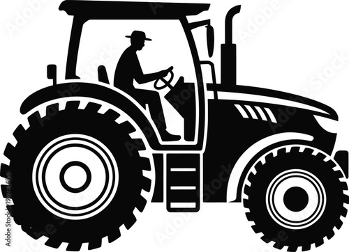Modern tractor silhouette with driver wearing hat agricultural machinery for farming work and harvest