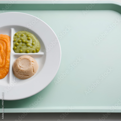 Shallow plate with neatly separated portions of pureed vegetables and protein placed on the left third of a pale mint hospital tray, wide empty right area as negative space.