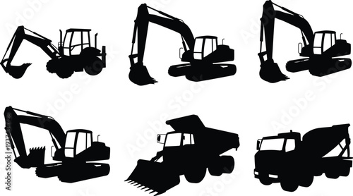 Construction machinery silhouettes collection with excavators dump truck and concrete mixer vehicles
