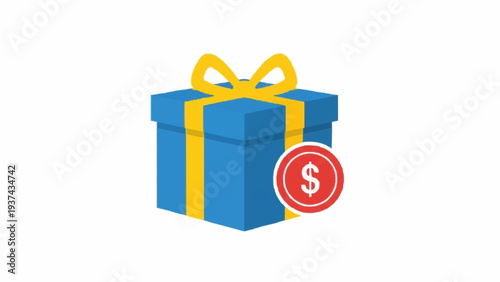 Blue Gift Box with Ribbon and Dollar Sign.