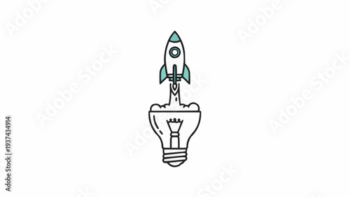 Rocket ship emerging from light bulb.
