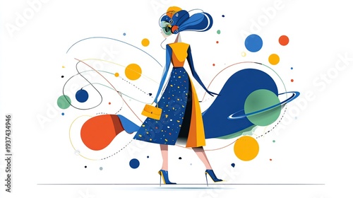 Wallpaper Mural Stylish ai enthusiast woman in colorful dress walking through abstract space Torontodigital.ca