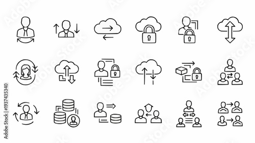 Black and white line icons depicting people and data exchange.