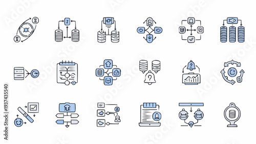 Business icons for technology and communication.