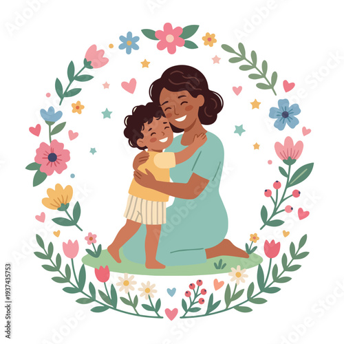 Cute black mom embracing her toddler boy, flat vector style floral frame.