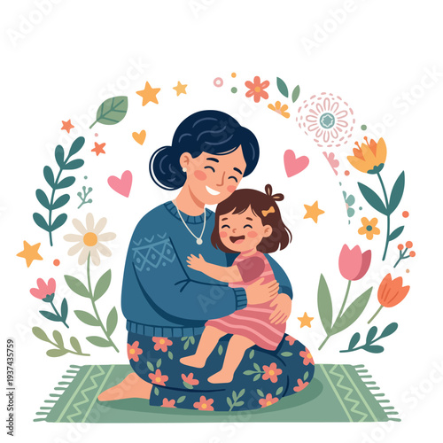 Maternal love vector illustration, smiling mom and child in floral border.