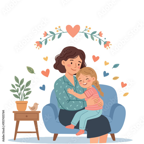 Sweet mother and son embrace inside a spring flower circle, isolated on white.