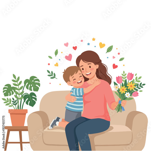 American woman hugging her son, motherhood and family love concept.