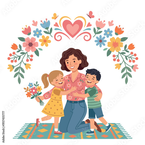 Loving mother and child hugging with flowers, hearts and stars decoration.