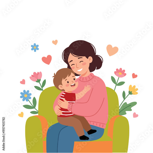 Happy Mother's Day illustration with mother and son hugging in floral wreath.