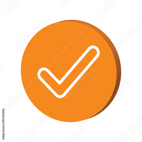 3D Orange Checkmark Icon, Isometric Circle Tick Symbol for Success and Confirmation, Perspective Button for Task Completion, Rendered Element Isolated on White Background