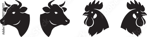 Farm animal head icons: cow and rooster silhouettes for branding and design