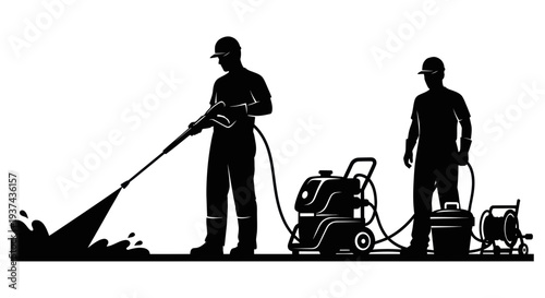 Silhouettes of workers pressure washing pavement with equipment and water spray