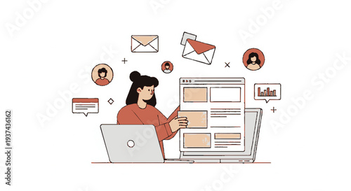 Woman working on laptop with digital marketing elements surrounding her including emails chat bubbles and website design on large screen