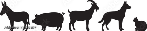 Farm and domestic animal silhouettes: donkey, pig, goat, dog, cat