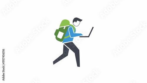 Man Running with Laptop and Backpack.