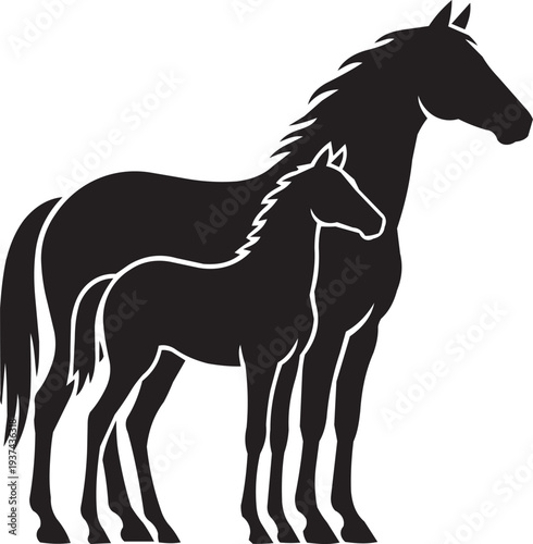 Majestic Black Silhouette of Mare and Foal, Elegant Farm Animal Duo, Vector Art