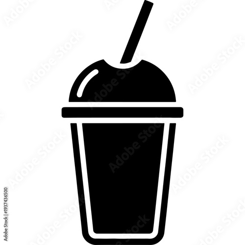 Clean black silhouette vector icon of a refreshing smoothie cup with domed lid and straw, ideal for menus.