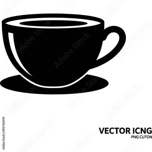 Minimalist black silhouette vector icon of a classic tea cup and saucer, ideal for web graphics, menus, and branding.