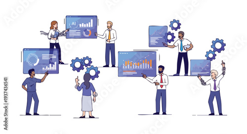 Diverse Corporate Team Optimizing Digital Ecosystem with AI-Driven Data Analytics and Automated Workflow Solutions for Enterprise Growth