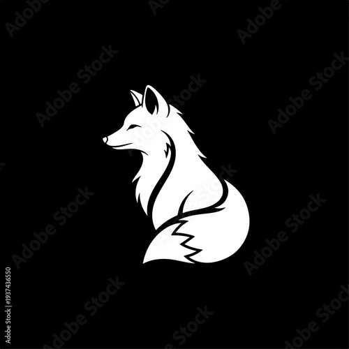 Stylized white silhouette of a cunning fox sitting calmly in a side profile view, showcasing its elegant form and bushy tail, isolated on a stark black background, representing wild intelligence.
